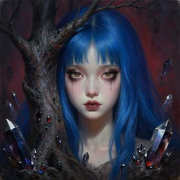 a highly detailed oil painting of A little nightmare girl, Brown eyes, in professional makeup, with length blue hair, and a tall tree, and large obsidian crystals, cinematic lighting, dramatic atmosphere, by Dustin Nguyen, Akihiko Yoshida, Greg Tocchini, Greg Rutkowski, Cliff Chiang, 4k resolution, trending on artstation