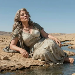 Giant 65-year-old giant Gaia woman crying as she's dying on a dried up river in a desolate land, blue sky, hot and sunny, highly-detailed, elegant, dramatic lighting, artstation, 4k, cinematic landscape