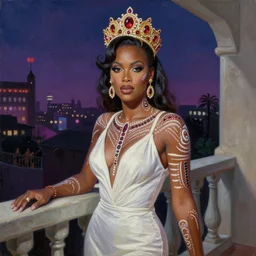 palette knife oil painting portrait of sexy grace jones, a princess - with gold tiara with rubies and diamonds, woman in white dress and australian aboriginal body paint, concrete balcony, nightclub, artstation trending, artgerm, any racial background, deviant art, hipster, octane, substance, art history 8 k
