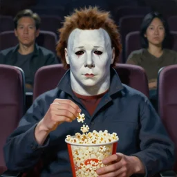 painting of Michael Myers sitting in a movie theater seat eating popcorn, sharp focus, face focused, trending on ArtStation, masterpiece, by Greg Rutkowski, by Ross Tran, by Fenghua Zhong, octane, soft render, oil on canvas, moody lighting, high contrast, cinematic, professional environmental concept art