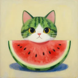 painting of a cat in the shape of a watermelon, expressionist