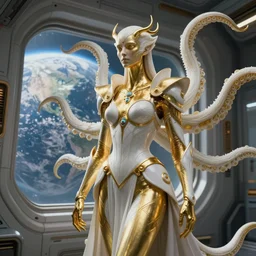 a photo of 8k ultra realistic corrupted lovecraftian golden humanoid queen standing next to a spaceship window overlooking earth, 2 intricate white and gold tentacles, smooth white and gold armour, cinematic lighting, trending on artstation, 4k, hyperrealistic, focused, extreme details, unreal engine 5, cinematic, masterpiece