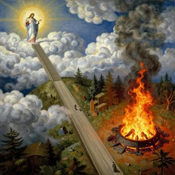 a ( narrow )!! road goes to a stairway to the heavens!!, another ( wide road )! is goes to a giant! ( fire pit )!!!!!!!!. aerial view, christian art, masterpiece. in a combination of styles of chesley bonestell and hieronymus bosch.