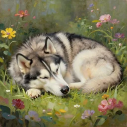 beautiful painting of a cute husky sleeping in flowers. sci fi concept art by * caravaggio *