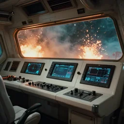 Film still of the bridge of a space ship, large viewscreens, control panels, white plastic, black interface, metallic, soft orange and cyan highlights, burning fire, electric sparks, smoke, Cinestill colour cinematography, anamorphic