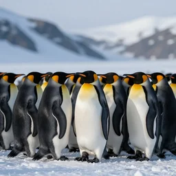 of a penguin huddle, warm contrast against the cold snowy background