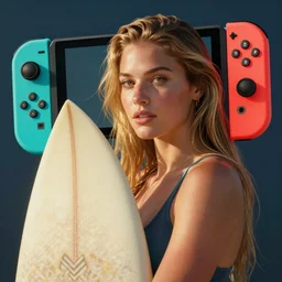 human that looks like a nintendo switch, surfboarding