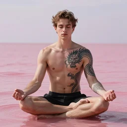 Surrealism, a beautiful young man, piercing, dragon tattoo on the body, meditating over the surface of the pink ocean