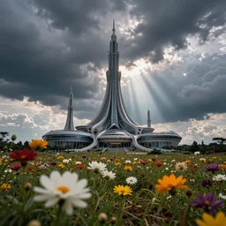 fantasy arcology, storm clouds, god rays, flowers close up in foreground, max rive, 4 k, instagram, landscape, hdr