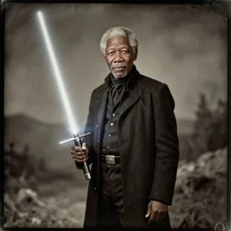 a daguerreotype of morgan freeman with a lightsaber