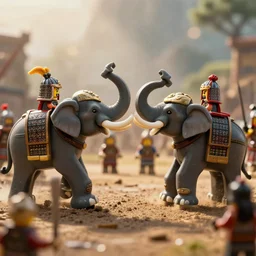 tai warriors and khmer warriors battlefield with elephant duel, in the lego movie, movie still, cinematic lighting, ray tracing, octane render, long lens, shallow depth of field, bokeh, anamorphic lens flare, 8 k, hyper detailed, 3 5 mm film grain - w 7 0 4