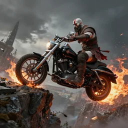 kratos jumping a black harley - davidson motorcycle off a cliff, cinematic render, playstation studios official media, god of war 2 0 1 8, flames, centered profile
