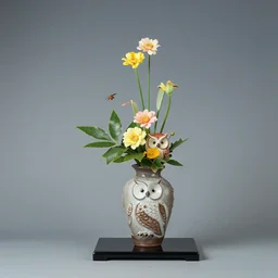 an owl ikebana vase, japanese ikebana flower arrangement, summer, summer flowers, owl motif, glazed clay, traditional japanese pottery, zen,