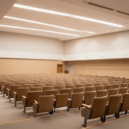wide shot of a empty conference hall, bright and soft light, artstation, mixed media,