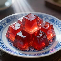 cubes of translucent red jelly on a blue and white intricately decorated china plate lit by bright god rays, hyper realistic, 8k, octane render, glistening, shimmering, raycasting, refraction, award winning digital art, masterpiece