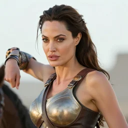 close - up of angelina jolie and penelope cruz warrior princess in a battle scene, open long hair, intricately decorated clothing, natural pose, mountains on the background, autumn tree on the right, backlight, dusk, shallow depth of field, highly detailed matte painting, rule of thirds, mohrbacher, hasui kawase, yuumei, ohrai,