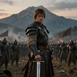 cinematic artwork mid shot of a warrior with short brown hair standing on a battlefield in front of his army, holding onto his sword, mountains behind him, dusk, artwork by Greg Rutowski and Rembrandt, masterpiece, 4k