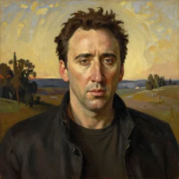 Nicolas Cage as an Android, head and shoulders, oil on canvas, golden hour, in the world of Andrew Wyeth, artstation, by J. C. Leyendecker and Peter Paul Rubens,