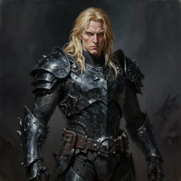 oil painting of a pale menacing dio brando with long blond hair and piercing eyes, genetically augmented super soldier, tall jagged black plate armor creeping darkness, by Alena Aenami