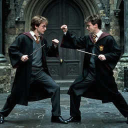 harry potter fighting agent smith from the matrix, photorealistic