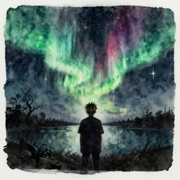 Beatiful astral aurora nightmare dark ominous watercolour painting of Juice WRLD