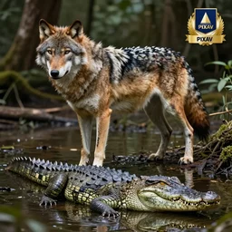 chimera made of a wolf and a crocodile, photo of wolf, photo of crocodile, awarded on pixiv, photo realism, realistic wood swamp, professional photoshop artwork
