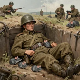 anthromorphic mouse soldiers in a trench resting in the style of WW1 propaganda poster trending on artstation deviantart Pinterest detailed realistic HD 8k High Resolution
