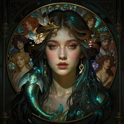 stunning, breathtaking, awe-inspiring award-winning realistic concept art face portrait of mermaid Ashley Liao as a beautiful goddess, by Alphonse Mucha, Ayami Kojima, Amano, Charlie Bowater, Karol Bak, Greg Hildebrandt, Jean Delville, and Mark Brooks, Art Nouveau, Neo-Gothic, gothic, rich deep colors, cyberpunk, extremely moody lighting, glowing light and shadow, atmospheric, shadowy, cinematic, 8K