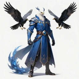 hawk and raven headed warlock, wind magic, blue robes, exquisite details, full body character design on a white background, by studio muti