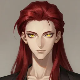 portrait of hisoka morow hunter hunter male thin lips small eyes very thin pursed lips extremely sharp jaw yellow eyes almond almond eyes narrow eyes dark red hair soft hair slicked back crimson hair anime, madonna genderbend elegant, highly detailed, digital painting, artstation art by artgerm and greg rutkowski and alphonse mucha