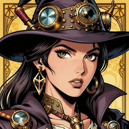 a detailed portrait illustration of a steampunk wizard. beautiful female face. art nouveau, pop art, comic book style. influenced by neil gaiman, h. p. lovecraft, dan mumford, brian froud, rexie nem, killian eng, ross tran.