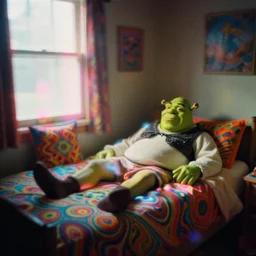 agfa vista 4 0 0 mm photograph of a cluttered 9 0 s teenagers psychedelic 1 9 6 7 rock hippie bedroom, shrek on bed, waves ripple color light, synth vibe, window, bed, surrealistic pillow, blur, lsd 2 5 color patterns, vaporwave colors, lens flare, moody lighting, telephoto, lsd vibe, blurry background, grain, tranquil, calm, lsd hallucinations