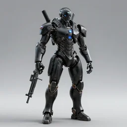 futuristic black colored combat android, holding a rifle, symmetrical, octane, blender, hd, unreal engine, maya