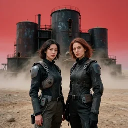 photographic portrait shot on cinestill 5 0 d of two loving clones in front of a brutalist dark metal facility, techwear women on a desolate plain with a red sky, diverse, dust storm, 3 5 mm, 8 k, depth of field, high resolution, ultra realistic faces