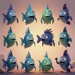 deep sea gothic vampiric fish character designs for main characters of different shapes and sizes by Genndy Tartakovsky for a new hotel transylvania film set in the monster world