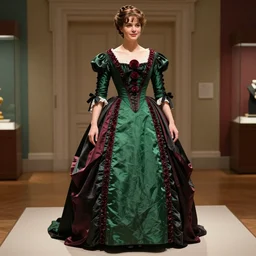 the film still photographed image is of a beautiful, antique dress that would have been worn to an opera performance in the early 1 9 0 0 s. the dress is green with accents of garnet, black, and maroon, and it is clear that the designer was inspired by the planet pluto. the dress is currently on display in a museum exhibit. vibrant cinematography, anamorphic lenses, upscale,