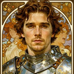 realistic detailed face portrait of christian bale in knight's armor by alphonse mucha, ayami kojima, amano, greg hildebrandt, and mark brooks, male, golden ratio, art nouveau, neo - gothic, gothic