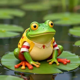 Ronald McDonald as a frog sitting on a lilly pad in a swamp, realistic, shot with an 80mm lens, vivid colors, rendered in Octane