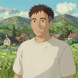 (illustration) of ((Robin Williams)), by (((Studio Ghibli))), village, grassfields and mountains, sharp focus, concept art, smooth