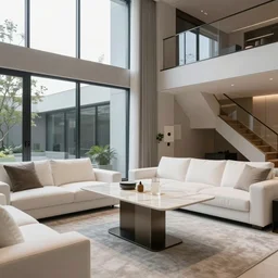 A modern living room with a beautiful white marble table between 2 white sofas ,on the left of the living room there are floor to ceiling glass window and on the right of the living room there are wooden stairs to the second floor, 8k resolution, professional interior design photograph