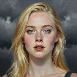 professional painting of Elle Fanning in the style of Edward Okuń, head and shoulders portrait, symmetrical facial features, smooth, sharp focus, illustration, intricate, stormy weather, extremely detailed masterpiece,