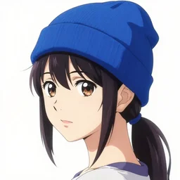 beautiful anime woman portrait with blue beanie, by artgerm, hair tied in a ponytail, white backdrop, soft lighting, by greg rutkowski makoto shinkai takashi takeuchi