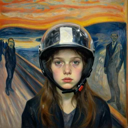 a close up portrait of a girl wearing helmet, interior room, edvard munch, obsidian statues, scene from the godfather, crowd of smiles, miles johnston, cynical realism, lucian freud, monet, bruce bickford masterpiece