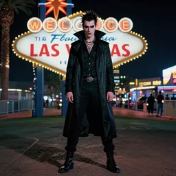full body portrait of a punk vampire on the Las Vegas strip at night, by shan qiao, cinematic, hyper realism, high detail, octane render, 8k,trending on artstation, CGsociety, concept art, 35mm, kodak portra