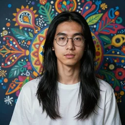 colorful and festive captivating young man with straight long black hair, round glasses, wearing a white t - shirt, atmospheric lighting, painted, intricate, highly detailed by charlie bowater