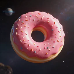 an outer space planet that looks like a pink sprinkled donut, realistic fantasy illustration