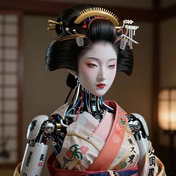 portrait of a beautiful japanese robotic geisha with wires and actuators and kanji tattoos and decals, dramatic lighting, hyper - realistic, ultra - realistic, intricate details, japanese model, 8 k ultra high definition, octane render
