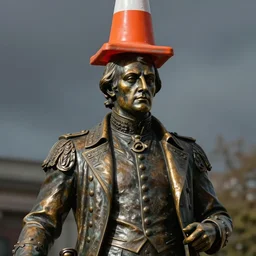 portrait of a majestic dark bronze statue of the duke of wellington, with an orange traffic cone on his head