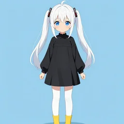 anime girl with white hair gathered in two pigtails, diamond - shaped hairpins on her head, with dark blue eyes, in a black dress, in white tights and yellow socks, wearing blue boots, in a white jacket and a hood, anime style, 4 k, high quality, digital painting, elegant, highly detalied, artstation, concept art, art by artgem and greg rutkowski and alphonse mucha