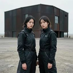 cinestill 5 0 d photographic portrait of two caring clones, techwear women on a desolate plain, a brutalist dark metal building in the background, depth of field, 4 k, 8 k, hd, full color